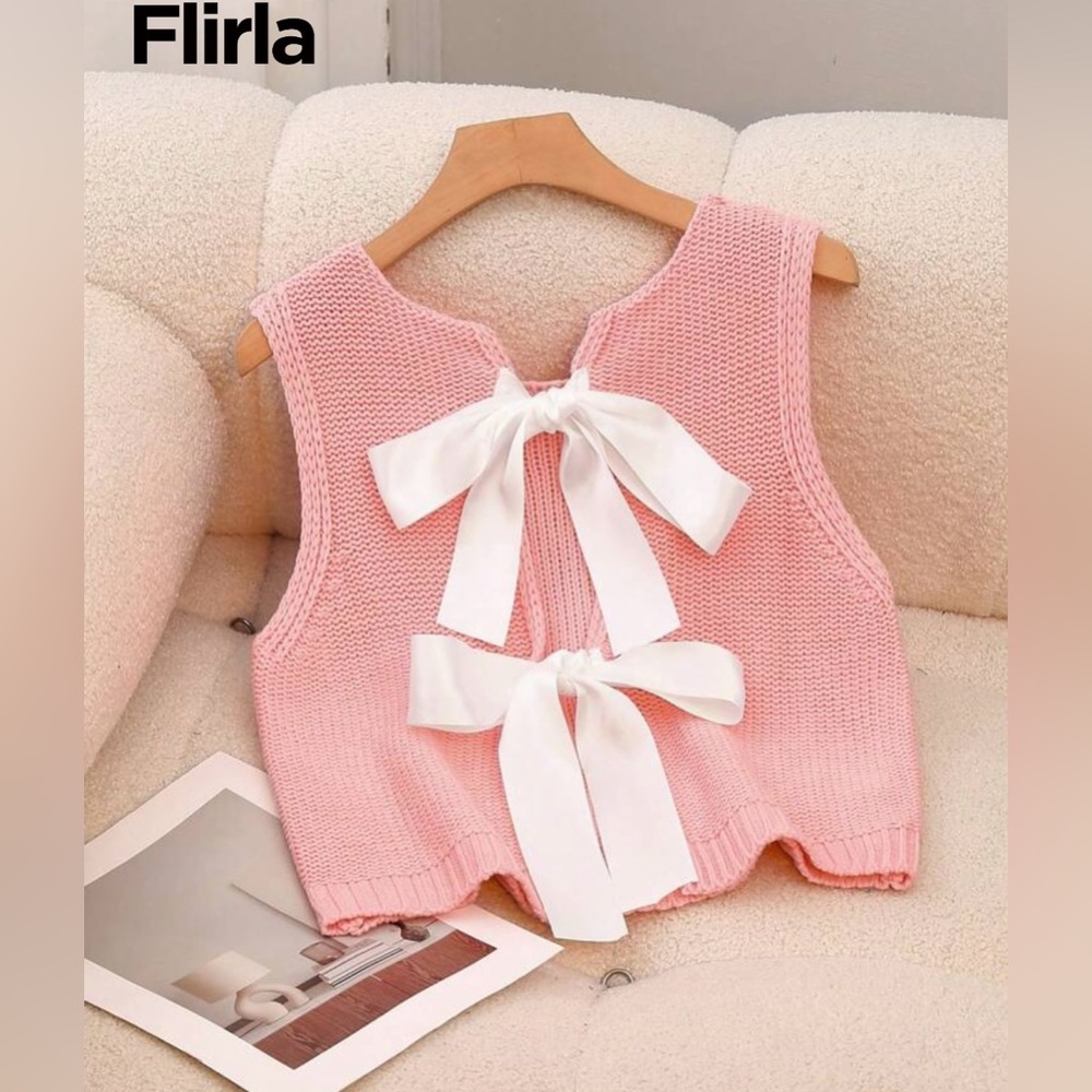 Pink Knit Sweater Vest with White Bows